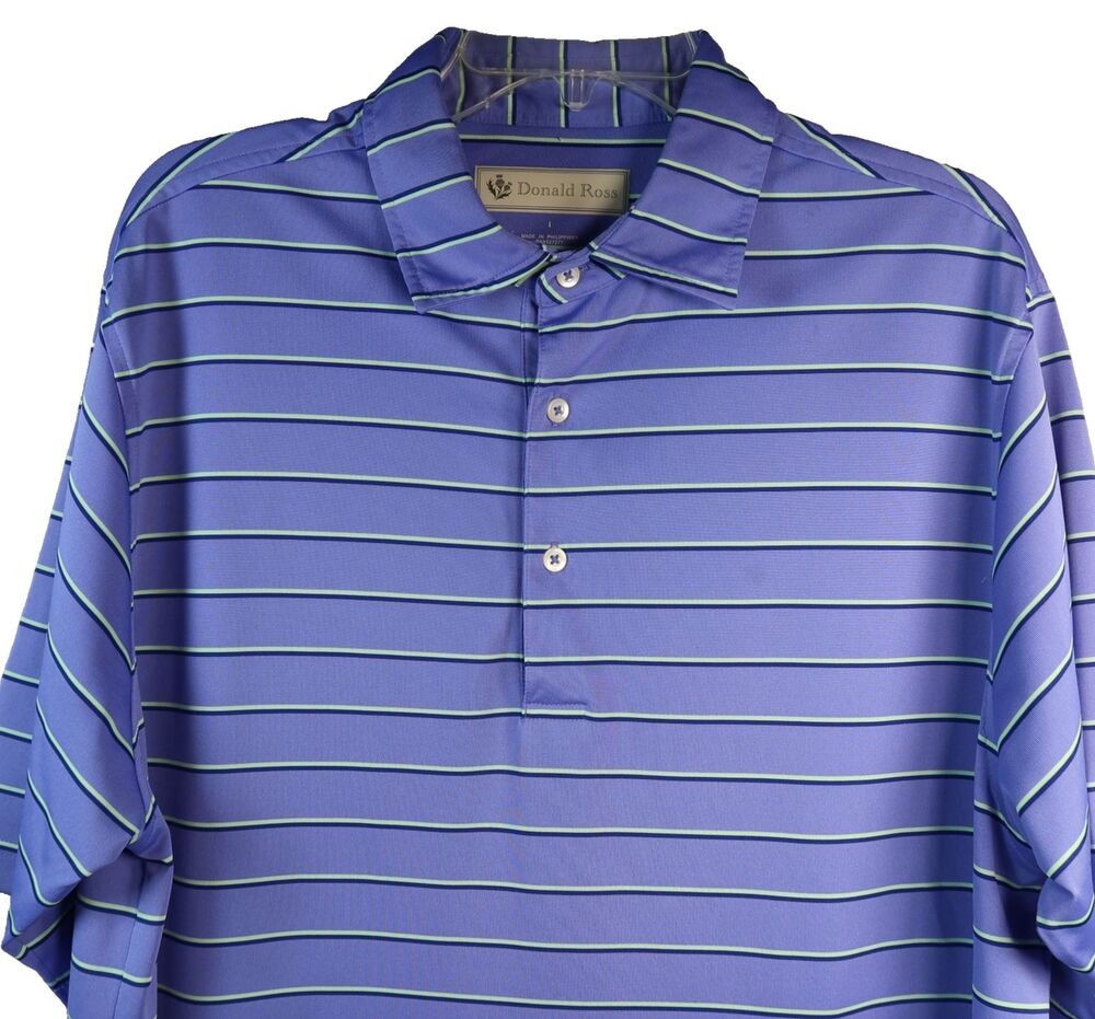 Donald Ross Mens Polo Shirt Large Purple Stripe Golf Performance Sportswear Logo